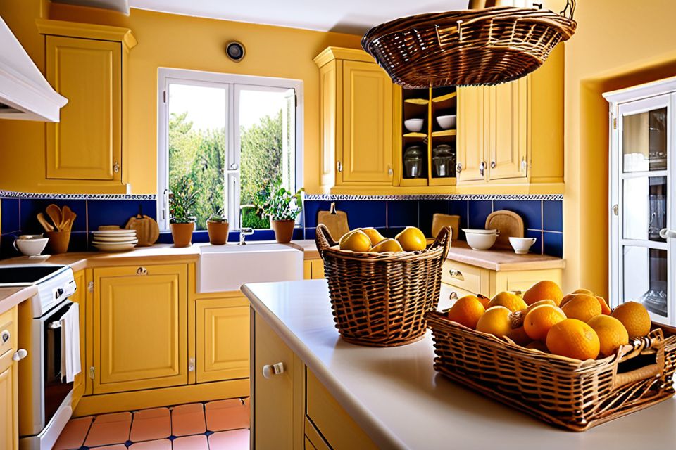 Cozinha planejada no estilo provençal com cestas de vime decorativas