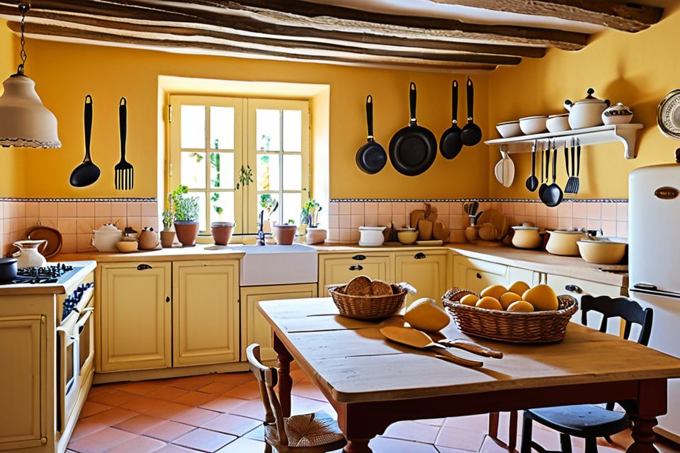 Cozinha planejada no estilo provençal com utensílios vintage